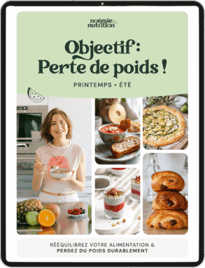 Série de photos de plats sains et gourmands pour la perte de poids, y compris des fruits frais, des desserts équilibrés, et une femme souriante, illustrant un mode de vie équilibré pour la perte de poids en printemps et été.