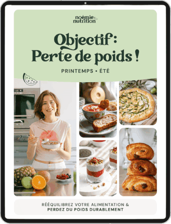 Série de photos de plats sains et gourmands pour la perte de poids, y compris des fruits frais, des desserts équilibrés, et une femme souriante, illustrant un mode de vie équilibré pour la perte de poids en printemps et été.