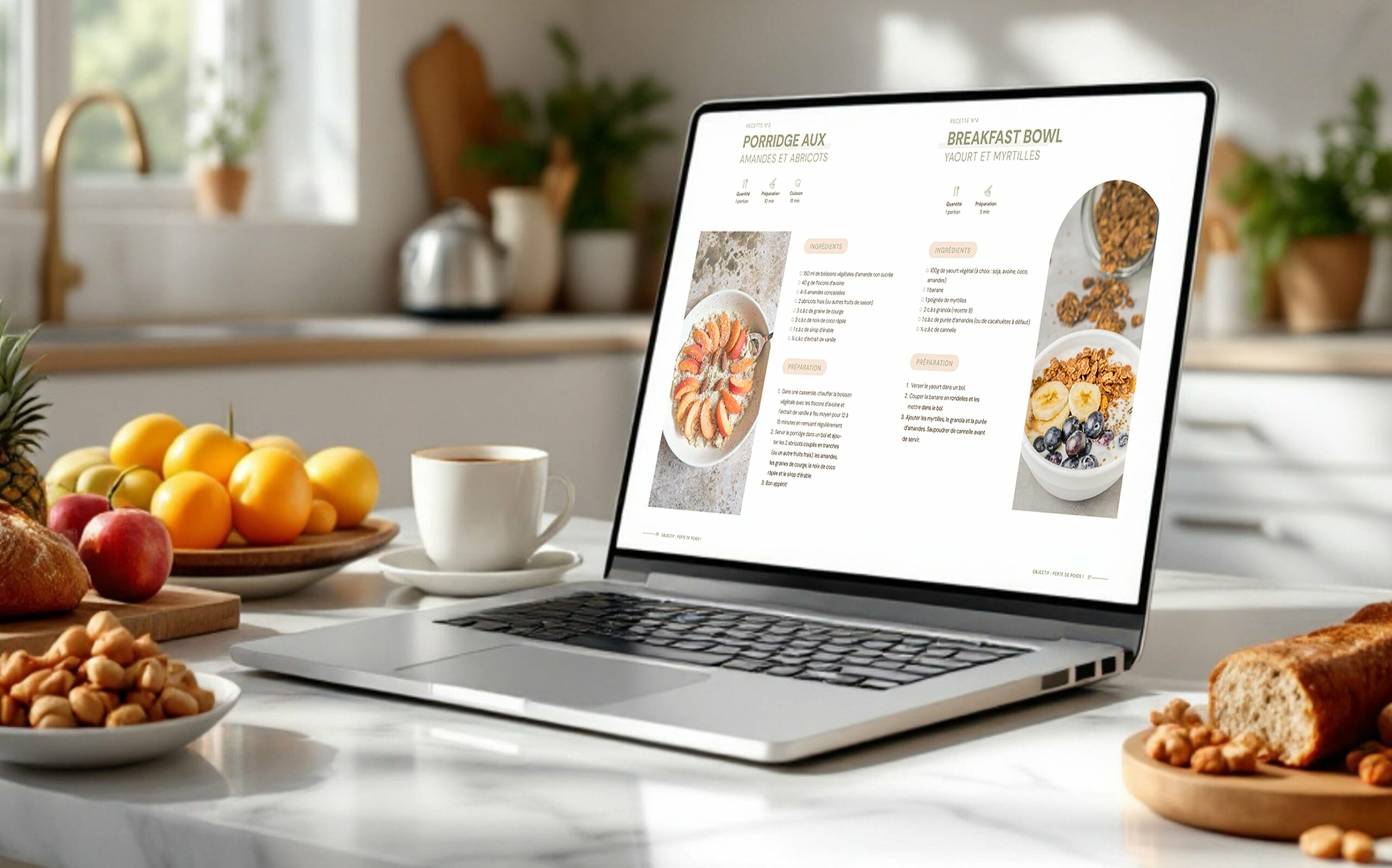 Recettes de petits déjeuners sains avec flocons d'avoine, fruits et noix, affichées sur un ordinateur portable dans une cuisine lumineuse.
