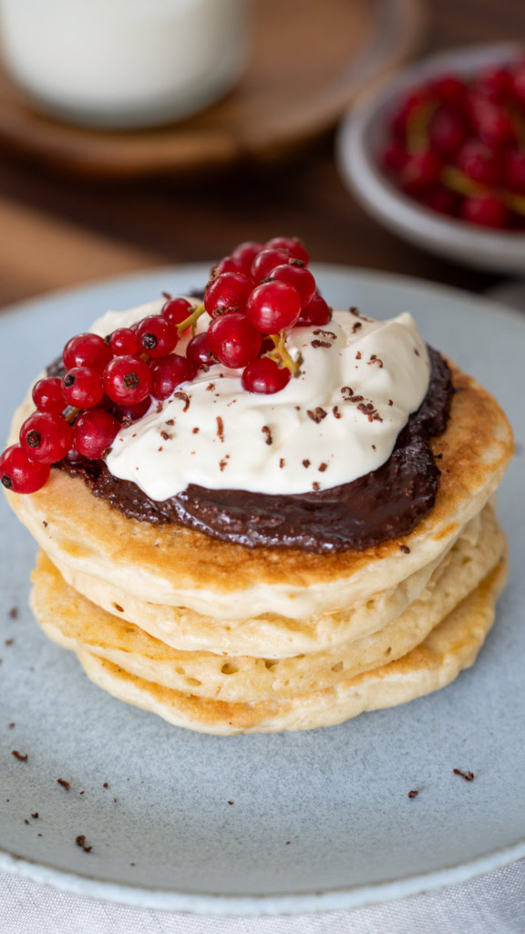Pancakes faits maison avec chocolat, crème fouettée, et groseilles rouges fraîches, petit déjeuner gourmand sain, recette bio pour nutrition équilibrée, petit déjeuner healthy, aliment riche en vitamines, snack nutritif naturel.
