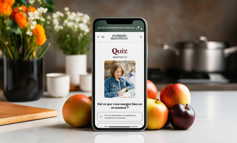 Application mobile pour suivre ses habitudes alimentaires, quiz nutrition, conseils pour une alimentation saine et équilibrée, coaching personnalisé, programme nutritionnel.
