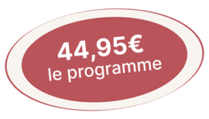 Prix du programme Noémie Nutrition à 44,95€ avec un design ovale rouge et blanc, mettant en avant le tarif attractif pour une alimentation saine.