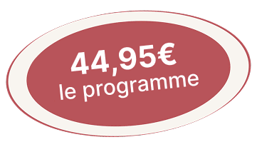 Prix du programme Noémie Nutrition à 44,95€ avec un design ovale rouge et blanc, mettant en avant le tarif attractif pour une alimentation saine.