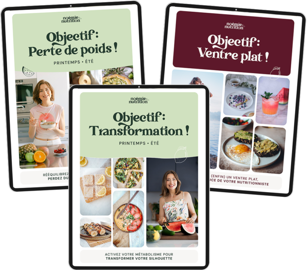Trois supports de communication Noémie Nutrition avec objectifs de perte de poids, transformation et ventre plat, pour printemps et été.