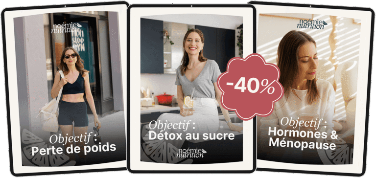 Trois femmes illustrant la perte de poids, détox et ménopause, avec un logo Noémie Nutrition, dans un contexte de programme de perte de poids.